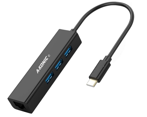 USB-C NAAR ETHERNET LAN NETWERK ADAPTER + 3X USB 3.0 POORTEN - BLACK