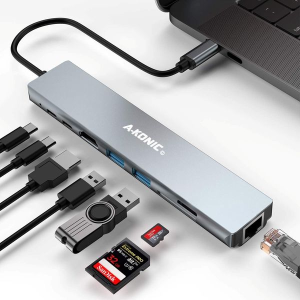 8 IN 1 USB-C HUB: HDMI, ETHERNET, Micro / SD KAARTLEZER, 2X USB 3. & 2X USB-C PD