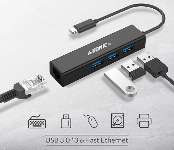 USB-C NAAR ETHERNET LAN NETWERK ADAPTER + 3X USB 3.0 POORTEN - BLACK