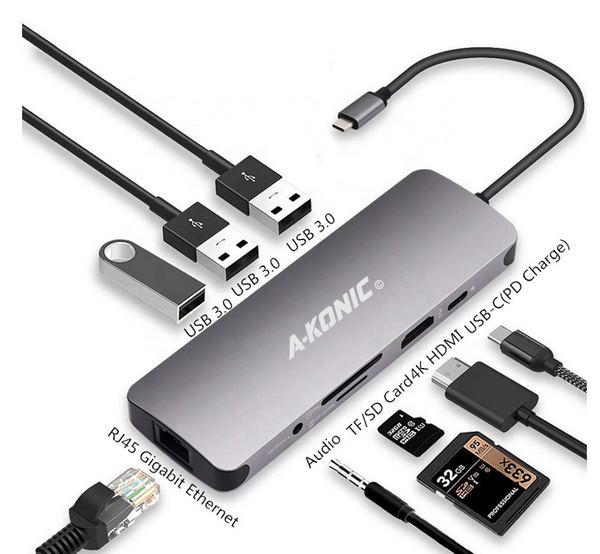USB-C HUB 8 IN 1: HDMI, ETHERNET, Micro / SD KAARTLEZER, JACK 3.5mm, 3X USB 3. & 2X USB-C PD