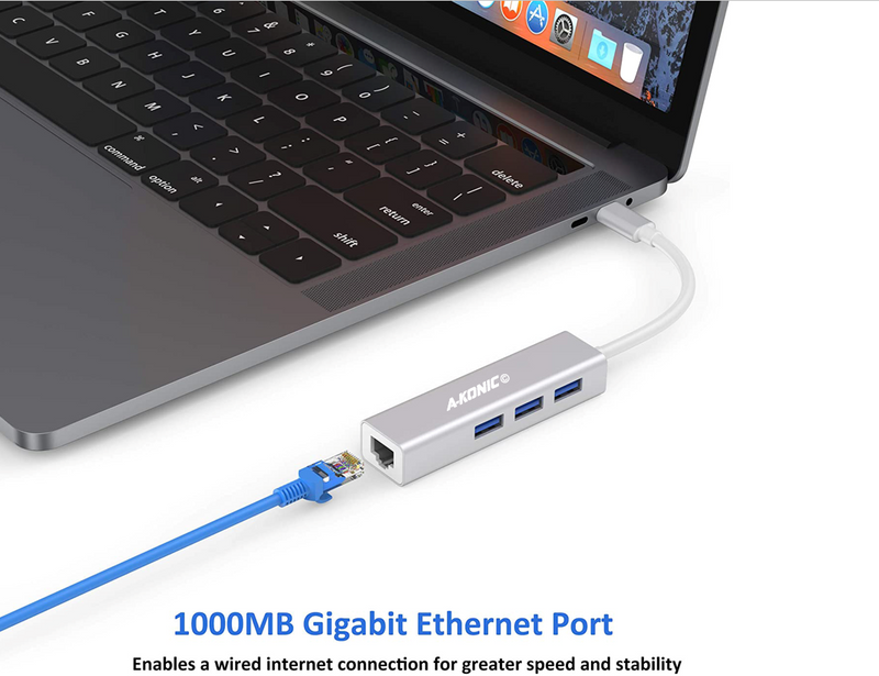 USB-C NAAR ETHERNET LAN NETWERK ADAPTER + 3X USB 3.0 POORTEN - SILVER