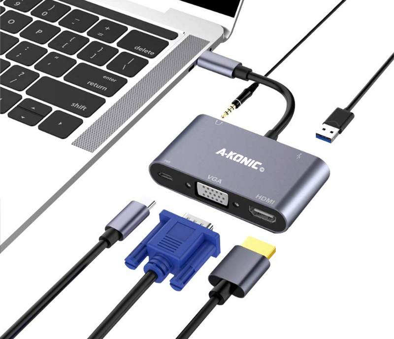 5 IN 1 USB-C HUB: HDMI, VGA. USB-C, AUDIO JACK 3.5MM & USB 3.0 - SPACE GREY
