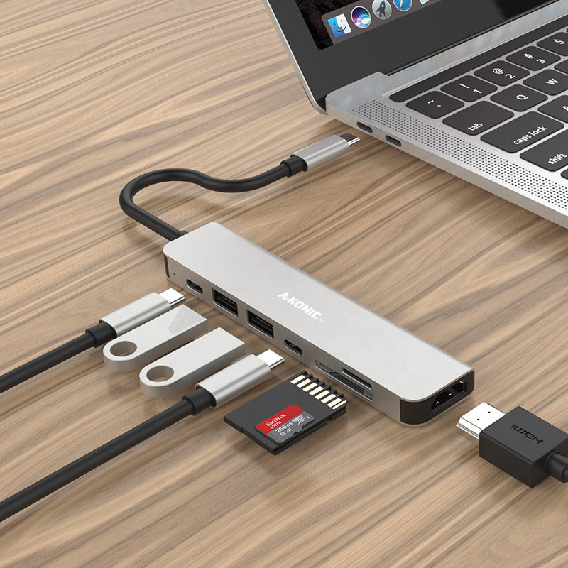 7 IN 1 USB-C HUB: HDMI, Micro/SD KAARTLEZER, 2X USB 3.0 & 2X USB-C PD
