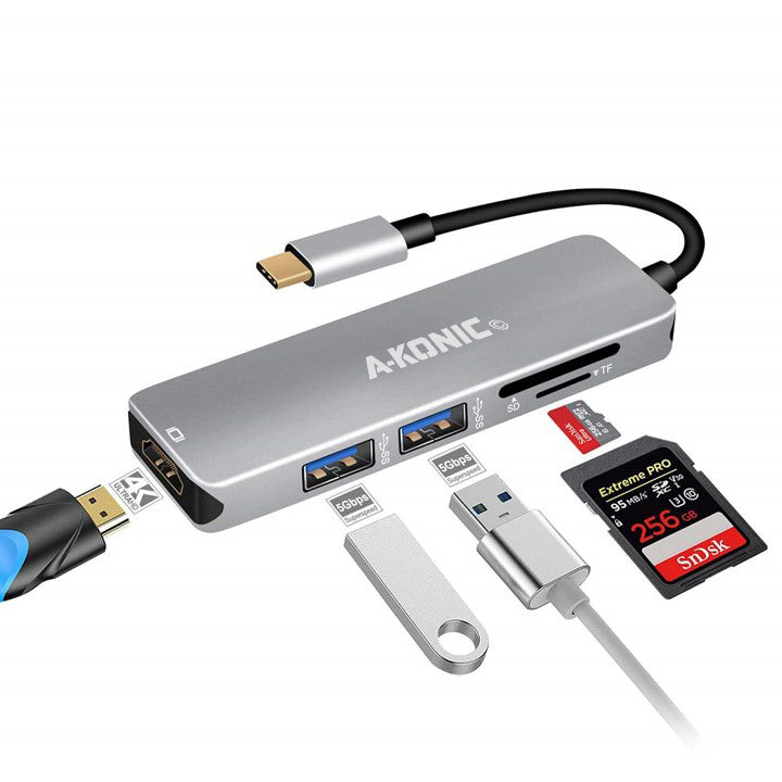 5 IN 1 USB-C HUB: HDMI, 2X USB 3.0 & MICRO/SD KAARTLEZER - SPACE GREY