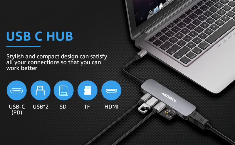 6 in 1 USB HUB -et / naar HDMI 4K, 2x USB 3.0 (thunderbolt), USB C opladen, Micro/SD card reader Hub